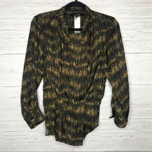 Black Orange Stripe Pleated Satin Long Sleeve Top